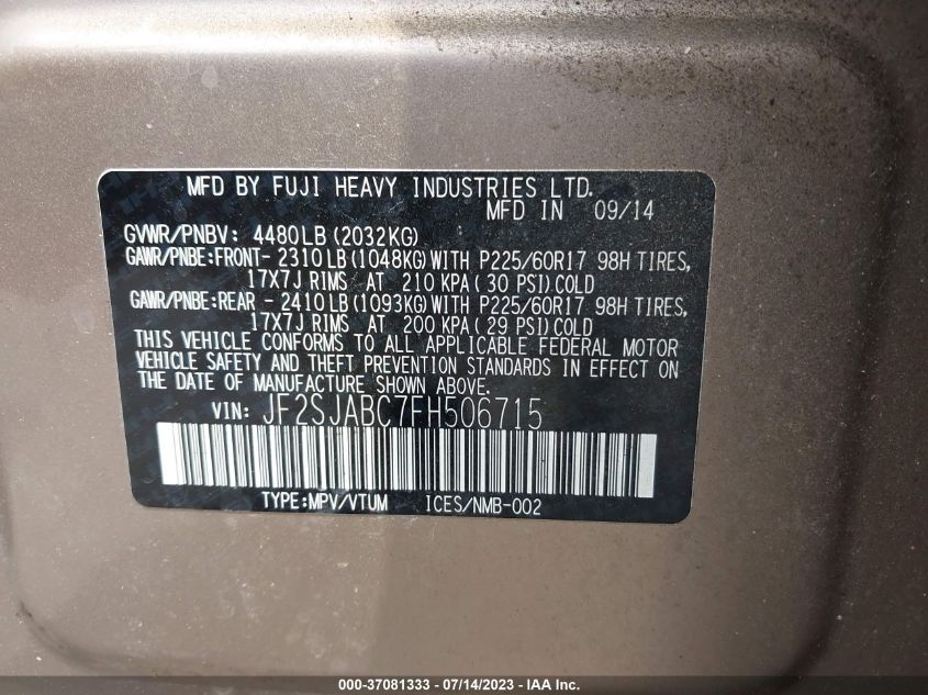 2015 SUBARU FORESTER 2.5I - JF2SJABC7FH506715