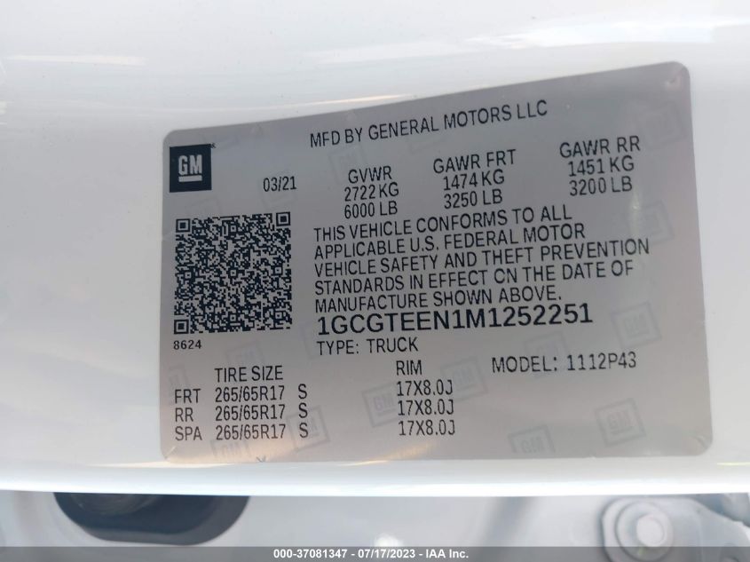 2021 CHEVROLET COLORADO 4WD ZR2 - 1GCGTEEN1M1252251