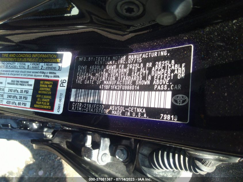 2015 TOYOTA CAMRY LE/XLE/SE/XSE - 4T1BF1FK2FU988014