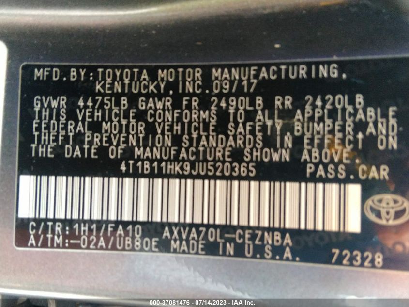 2018 TOYOTA CAMRY L/LE/XLE/SE/XSE - 4T1B11HK9JU520365