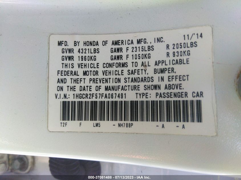 2015 HONDA ACCORD SEDAN SPORT - 1HGCR2F57FA067491