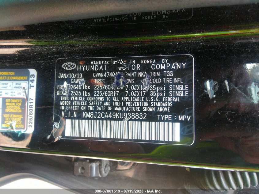 2019 HYUNDAI TUCSON SE - KM8J2CA49KU938832