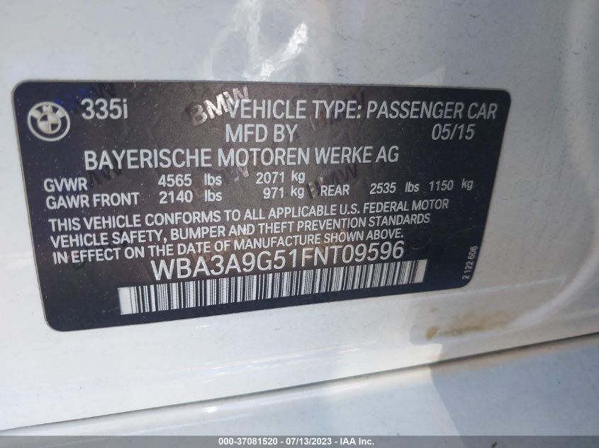 2015 BMW 335I WBA3A9G51FNT09596