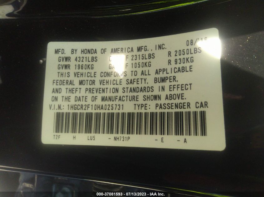 2017 HONDA ACCORD SEDAN SPORT SE - 1HGCR2F10HA025731