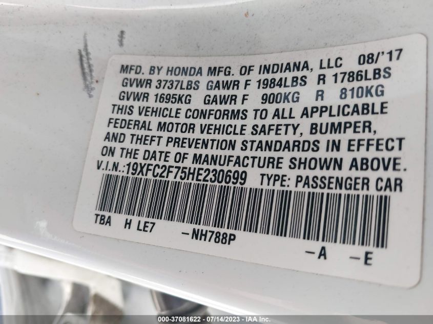 2017 HONDA CIVIC SEDAN EX - 19XFC2F75HE230699