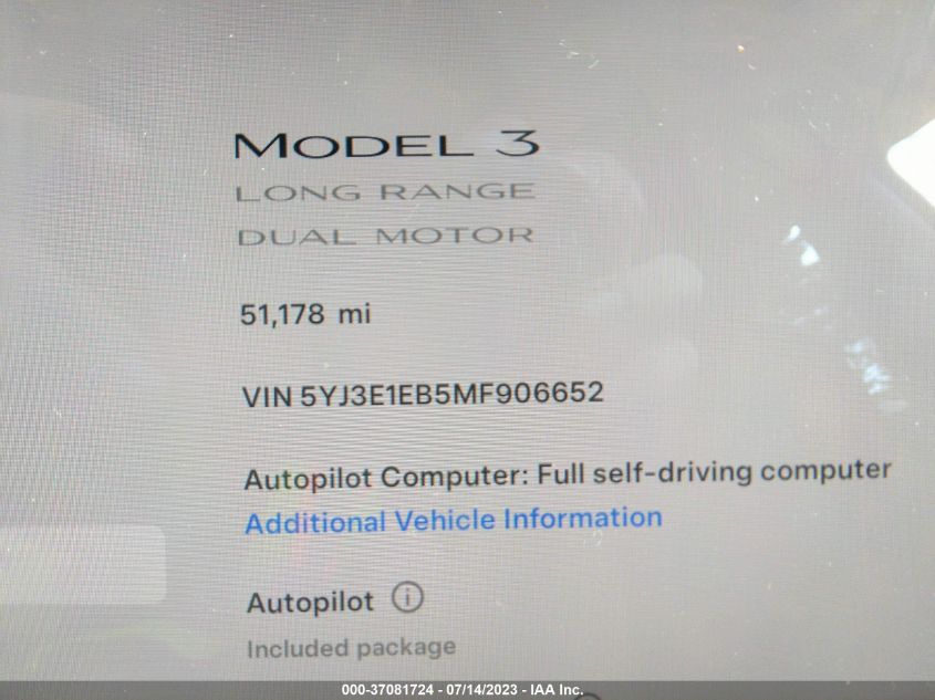 2021 TESLA MODEL 3 LONG RANGE - 5YJ3E1EB5MF906652