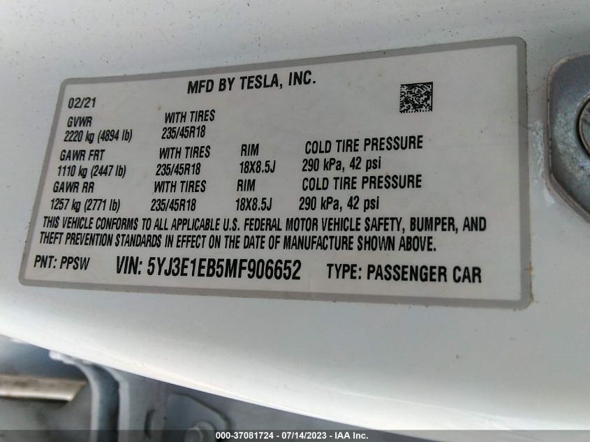 2021 TESLA MODEL 3 LONG RANGE - 5YJ3E1EB5MF906652