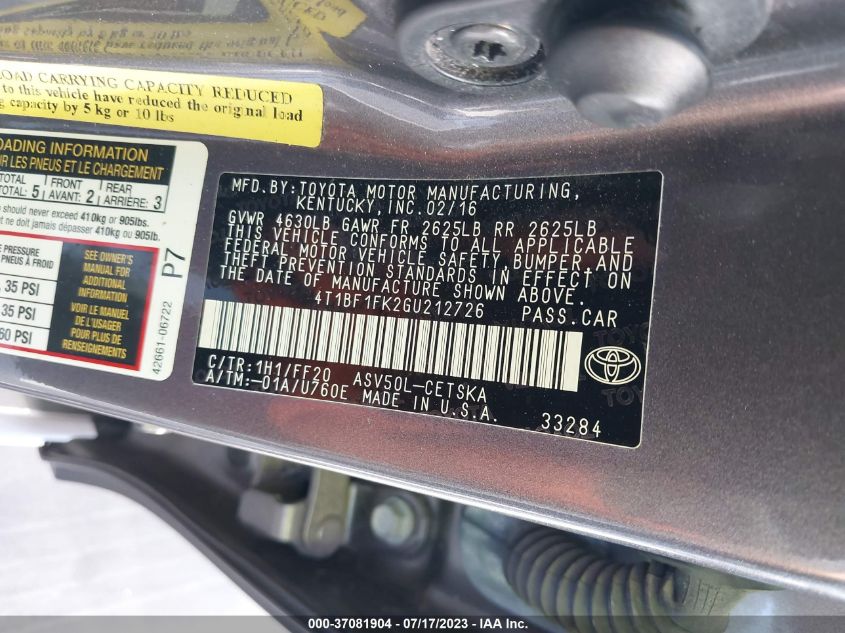 2016 TOYOTA CAMRY SE - 4T1BF1FK2GU212726