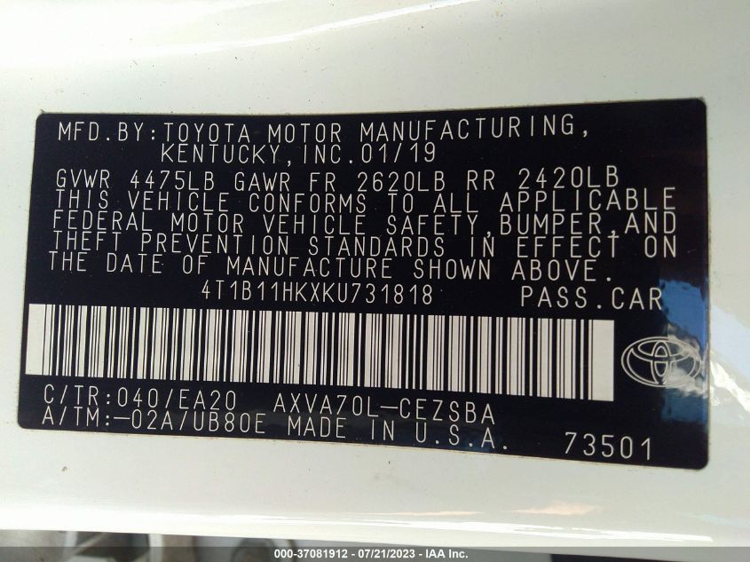 2019 TOYOTA CAMRY LE/SE/XLE/L - 4T1B11HKXKU731818