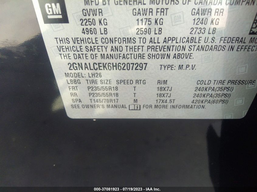 2017 CHEVROLET EQUINOX LT - 2GNALCEK6H6207297
