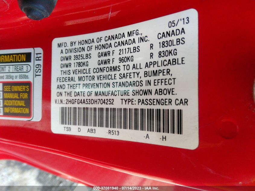 2013 HONDA CIVIC CPE SI 2HGFG4A53DH704252