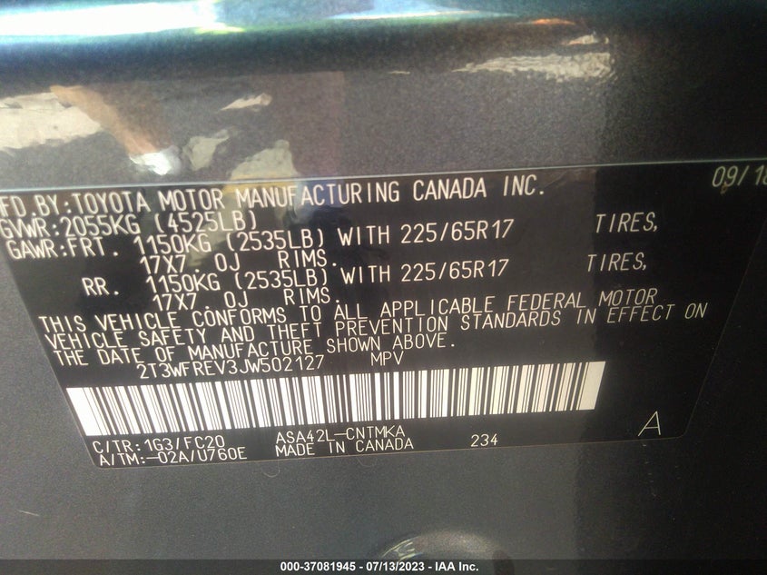 VIN 2T3WFREV3JW502127 2018 TOYOTA RAV4 XLE/ADVENTURE