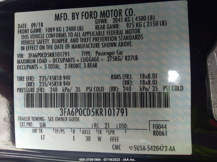 2019 FORD FUSION SEL - 3FA6P0CD5KR101791