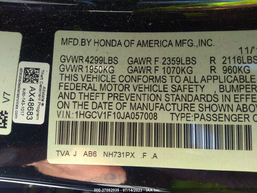 2018 HONDA ACCORD SEDAN LX 1.5T - 1HGCV1F10JA057008