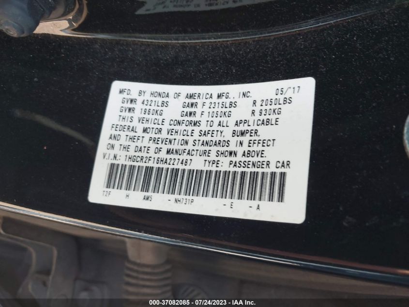 2017 HONDA ACCORD SEDAN SPORT SE - 1HGCR2F16HA227487