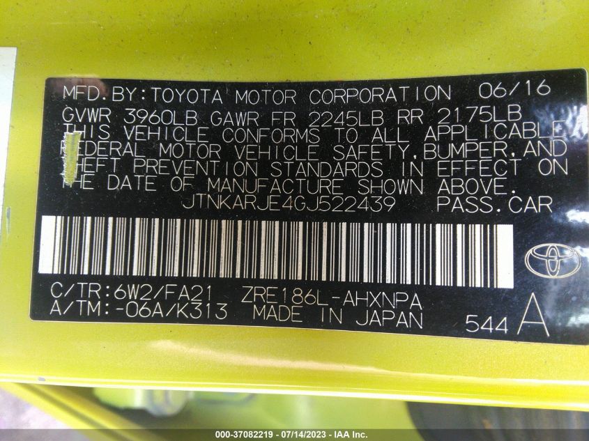 2016 TOYOTA SCION IM JTNKARJE4GJ522439
