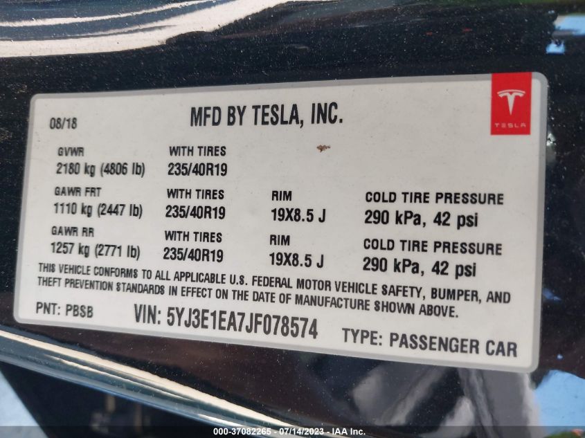 2018 TESLA MODEL 3 RANGE BATTERY - 5YJ3E1EA7JF078574