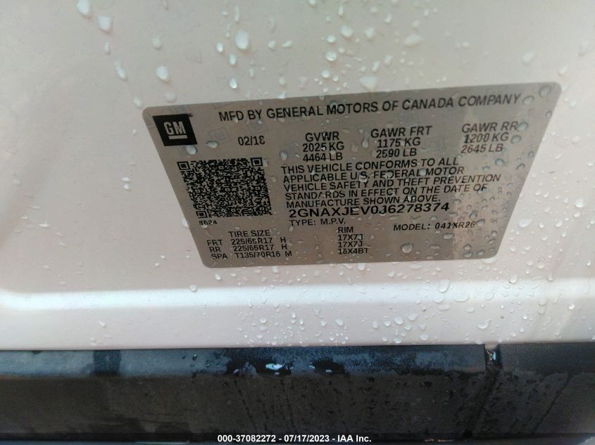 2018 CHEVROLET EQUINOX LT - 2GNAXJEV0J6278374