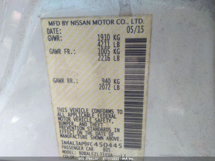 2015 NISSAN ALTIMA 2.5 S - 1N4AL3AP9FC450445