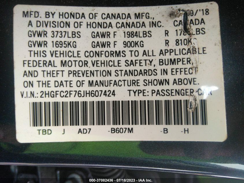 2018 HONDA CIVIC SEDAN EX - 2HGFC2F76JH607424