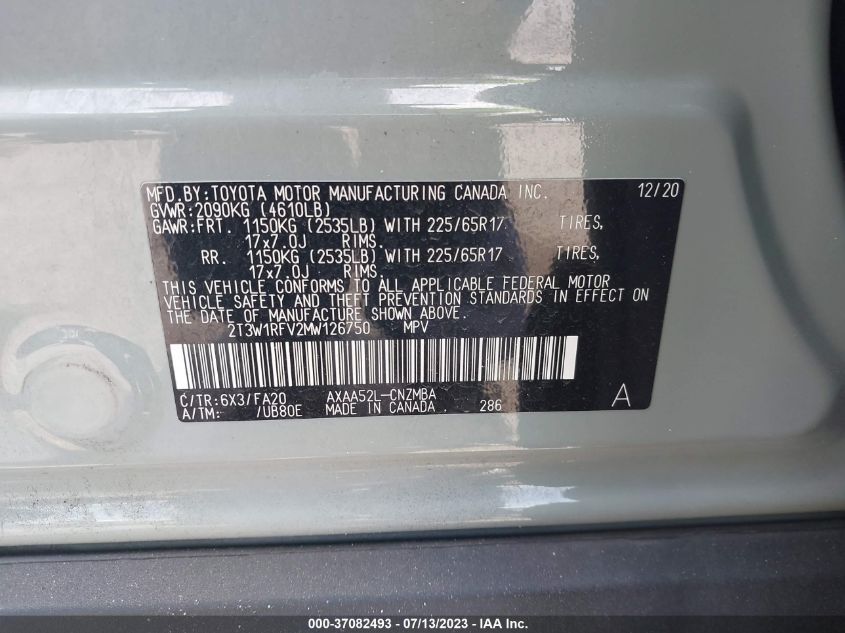2021 TOYOTA RAV4 XLE - 2T3W1RFV2MW126750