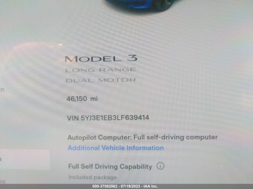 2020 TESLA MODEL 3 LONG RANGE - 5YJ3E1EB3LF639414