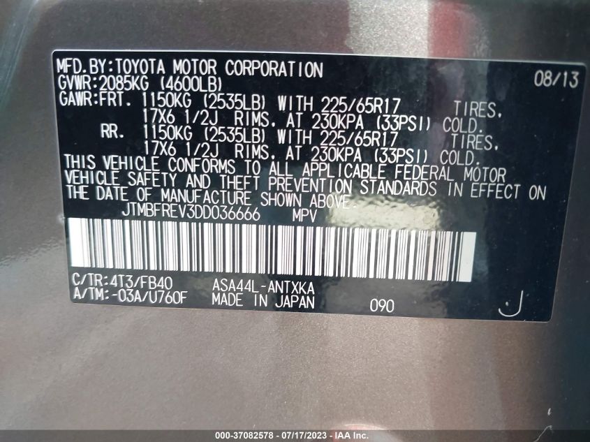 2013 TOYOTA RAV4 LE - JTMBFREV3DD036666