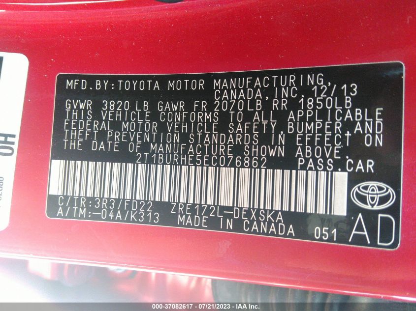 2014 TOYOTA COROLLA L/LE/S/S PLUS/LE PLUS - 2T1BURHE5EC076862