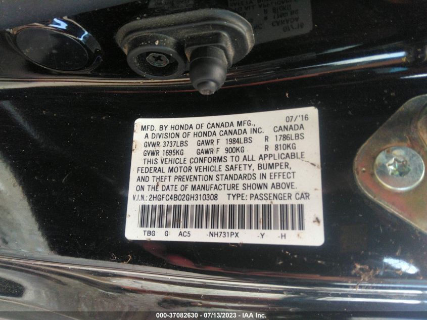 2016 HONDA CIVIC COUPE LX-P - 2HGFC4B02GH310308