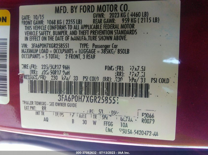 2016 FORD FUSION SE - 3FA6P0H7XGR258551