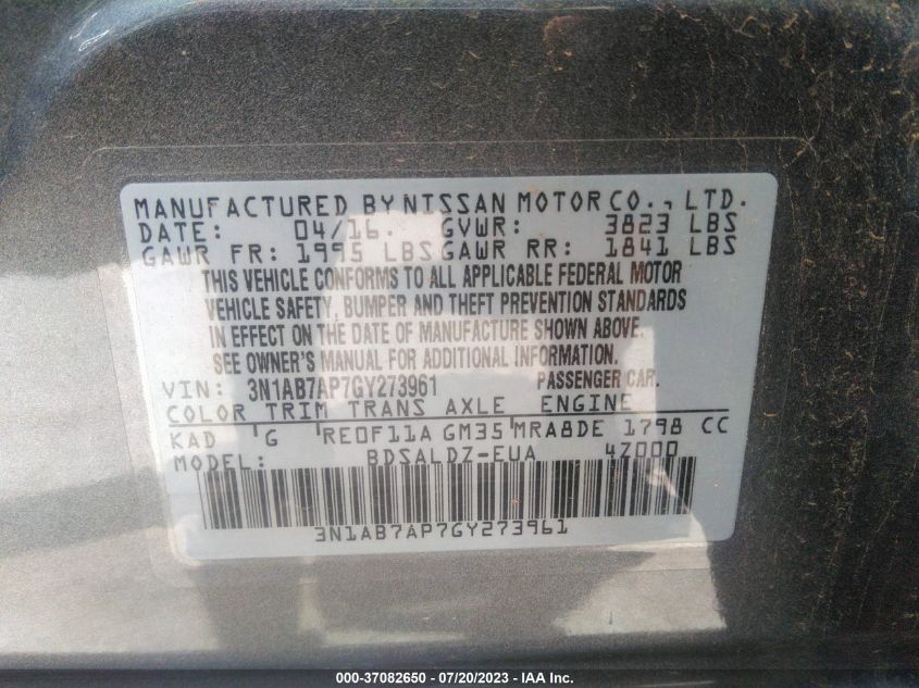 2016 NISSAN SENTRA S/SV/SR/SL - 3N1AB7AP7GY273961