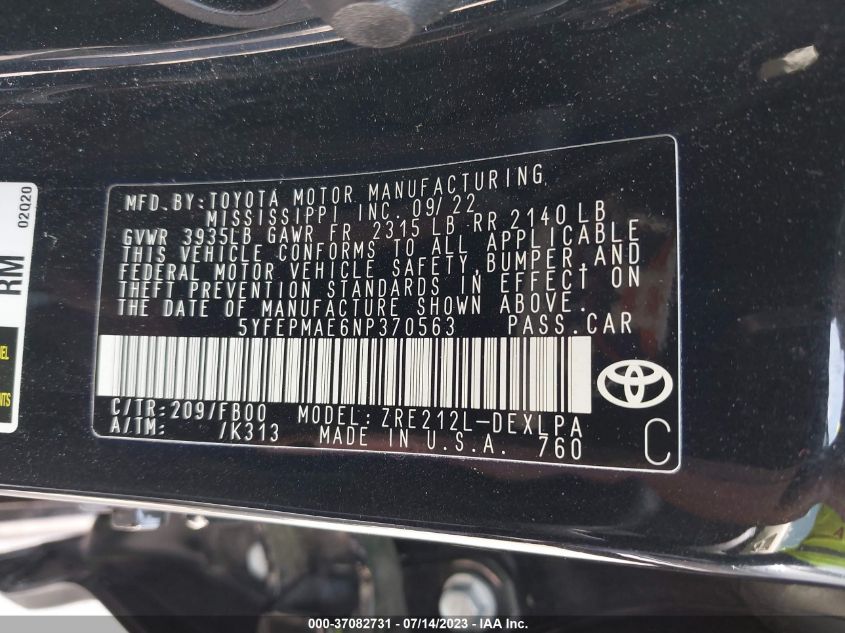2022 TOYOTA COROLLA LE - 5YFEPMAE6NP370563