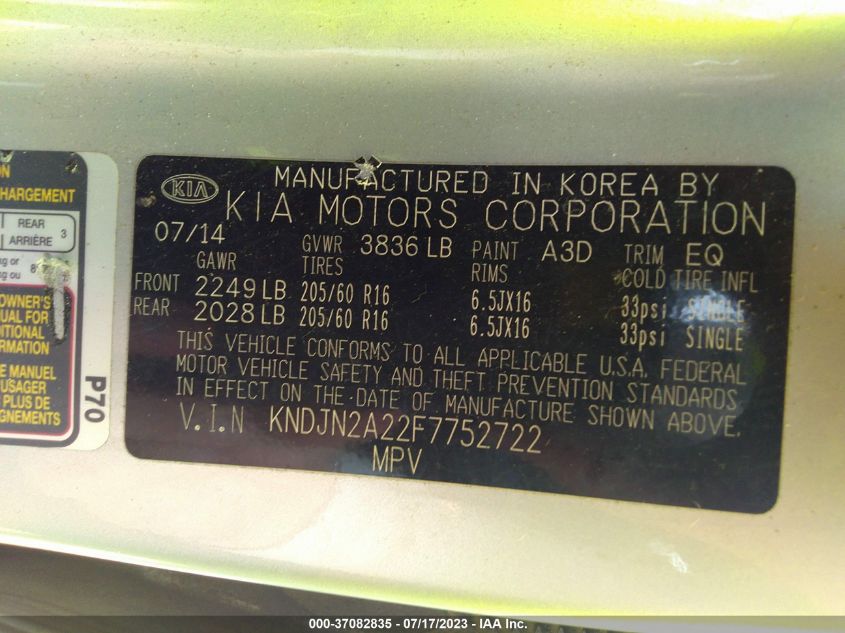 2015 KIA SOUL BASE - KNDJN2A22F7752722