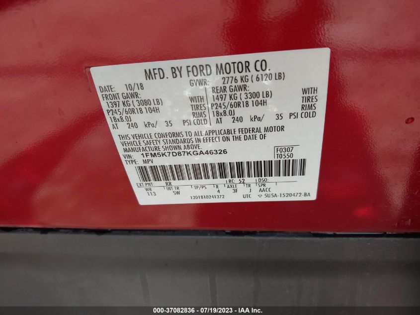 2019 FORD EXPLORER XLT - 1FM5K7D87KGA46326
