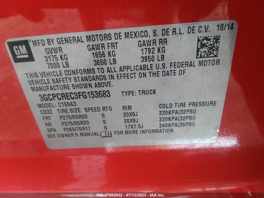 2015 CHEVROLET SILVERADO 1500 LT - 3GCPCREC3FG153683