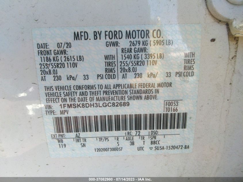 2020 FORD EXPLORER XLT - 1FMSK8DH3LGC82689