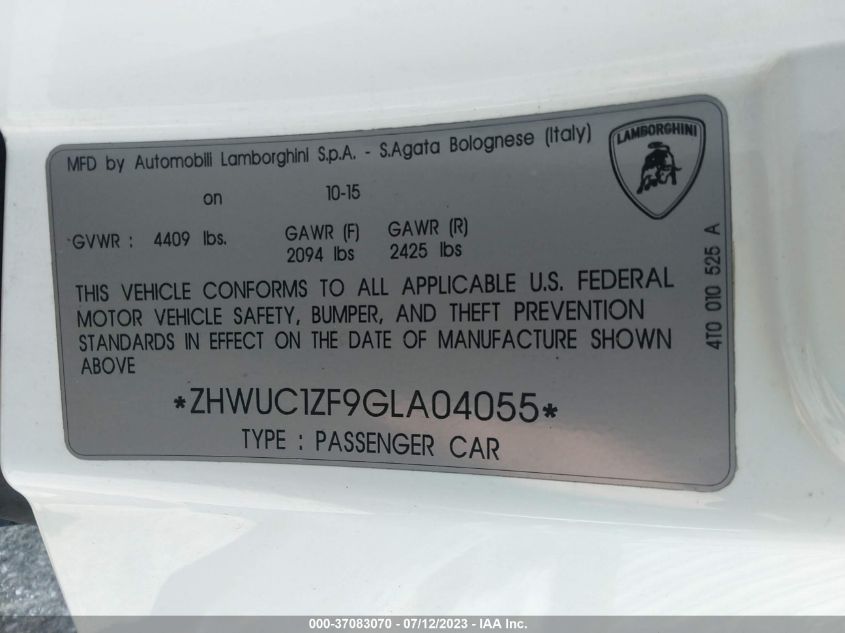 2016 LAMBORGHINI HURACAN LP 610-4 ZHWUC1ZF9GLA04055