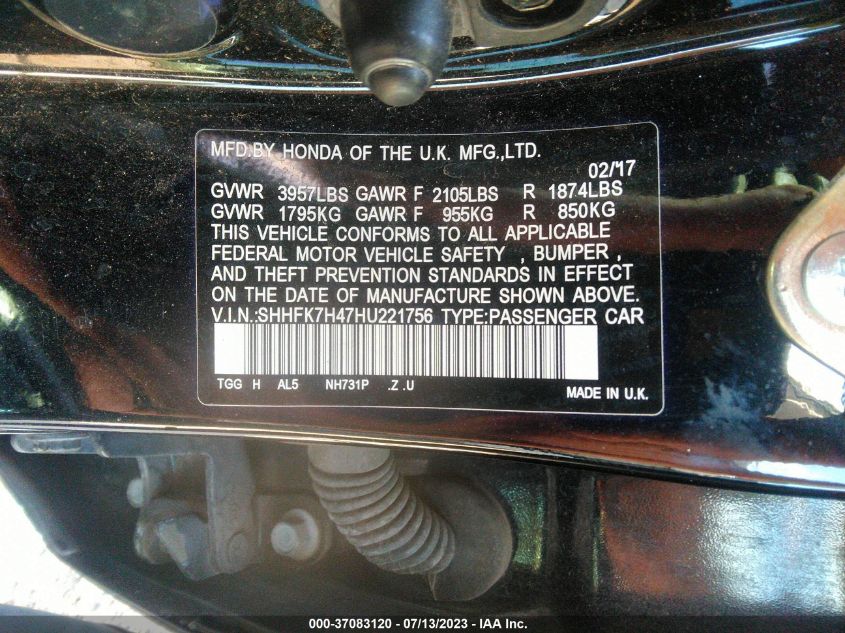 2017 HONDA CIVIC HATCHBACK SPORT - SHHFK7H47HU221756