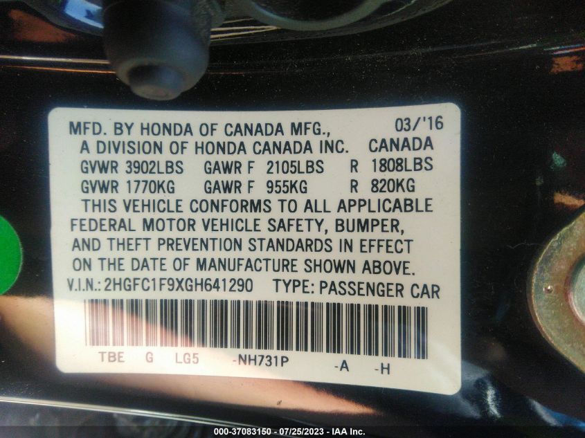 2016 HONDA CIVIC SEDAN TOURING - 2HGFC1F9XGH641290