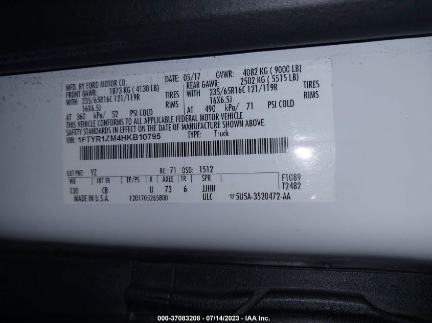 2017 FORD TRANSIT VAN - 1FTYR1ZM4HKB10795
