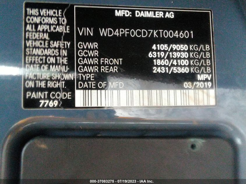 2019 MERCEDES-BENZ SPRINTER VAN WD4PF0CD7KT004601