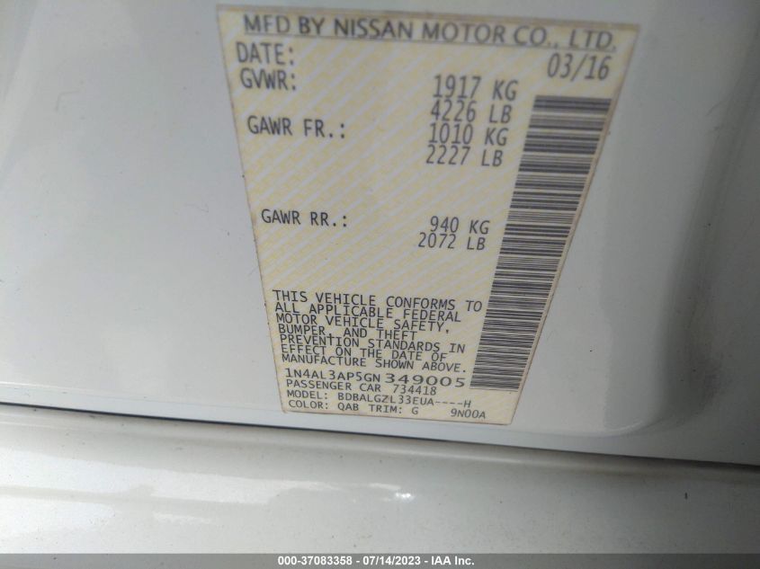 2016 NISSAN ALTIMA 2.5 S - 1N4AL3AP5GN349005