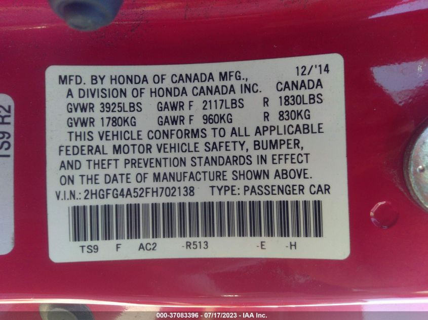 2015 HONDA CIVIC COUPE SI - 2HGFG4A52FH702138