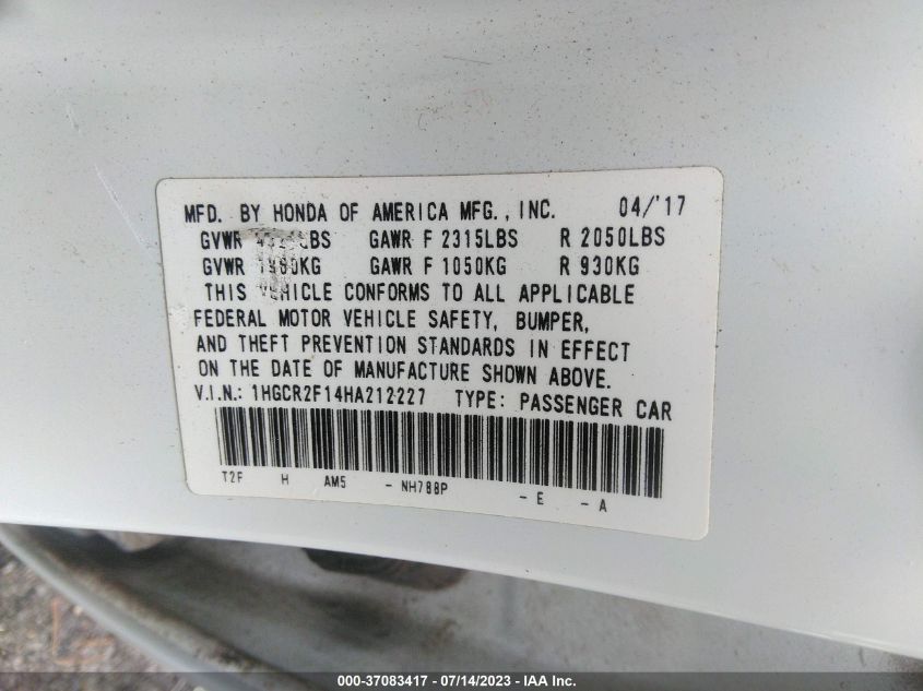 2017 HONDA ACCORD SEDAN SPORT SE - 1HGCR2F14HA212227