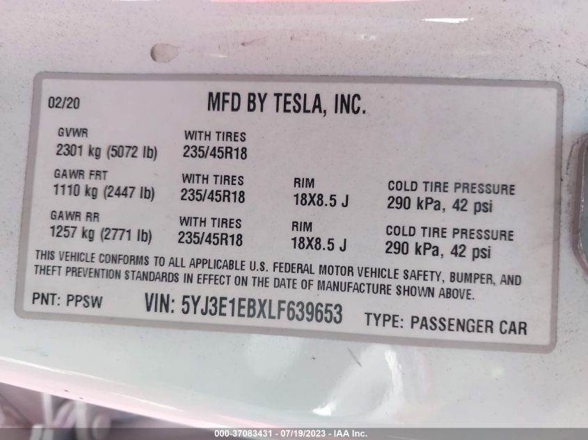 2020 TESLA MODEL 3 LONG RANGE - 5YJ3E1EBXLF639653