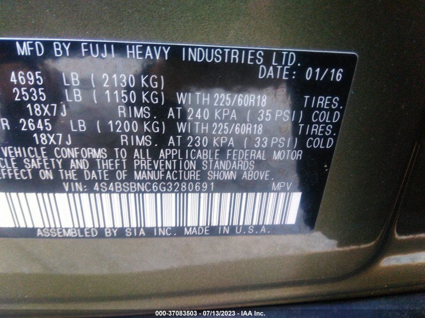 2016 SUBARU OUTBACK 2.5I LIMITED - 4S4BSBNC6G32H0691