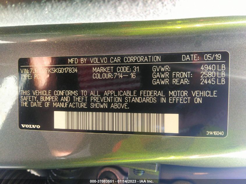 2019 VOLVO S60 MOMENTUM - 7JR102FK5KG017834