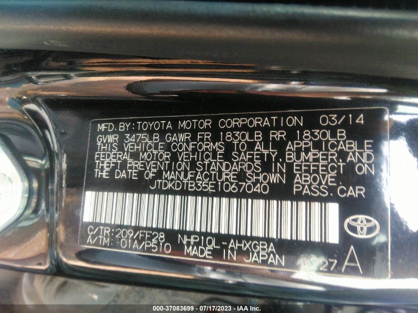 2014 TOYOTA PRIUS C ONE/THREE/TWO/FOUR - JTDKDTB35E1067040