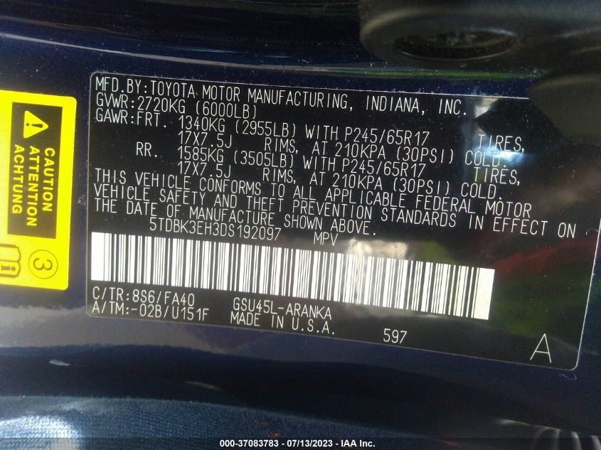 2013 TOYOTA HIGHLANDER - 5TDBK3EH3DS192097