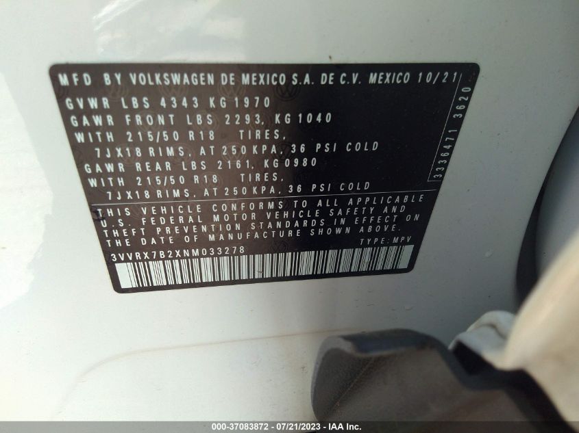 2022 VOLKSWAGEN TAOS SE - 3VVRX7B2XNM033278